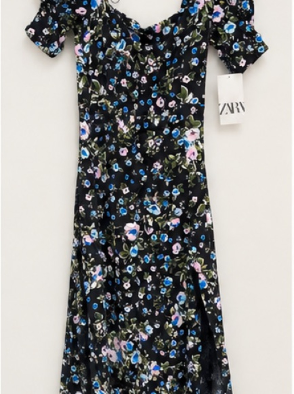 NWT ZARA Black Floral Midi Dress Front Slit Size S